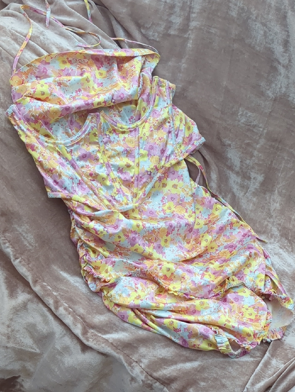 For Love And Lemons Yellow & Pink Floral Satin Slip